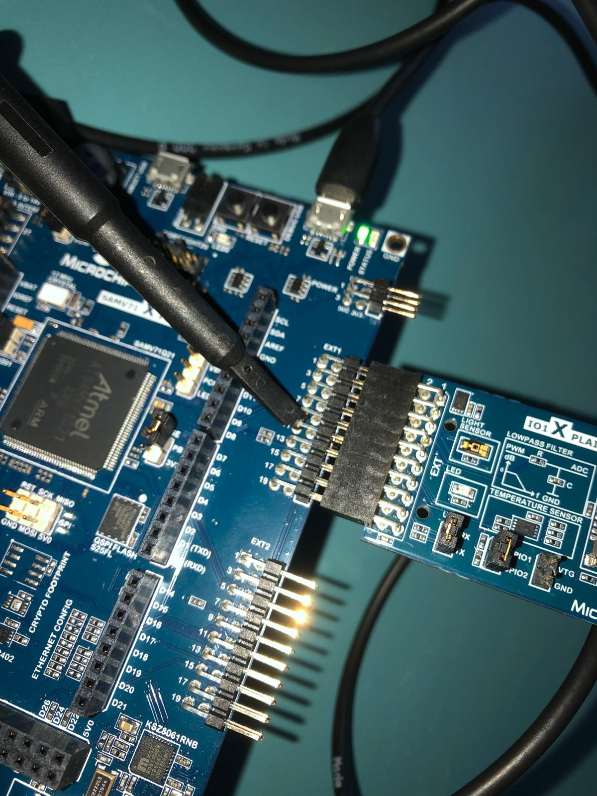 SAMV71 board from microchip with OLED display module attached to it